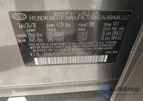 2019 Hyundai Santa Fe Sel из США, поврежденный, VIN 5NMS33AD0KH009657